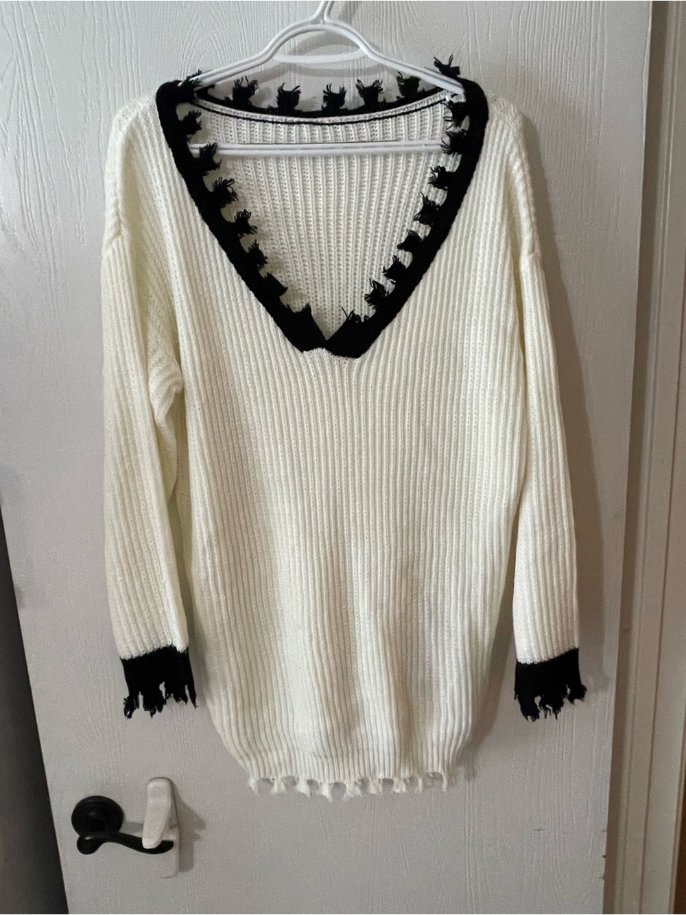 SHEIN Cream V-Neck Sweater with Black Fringe Trim